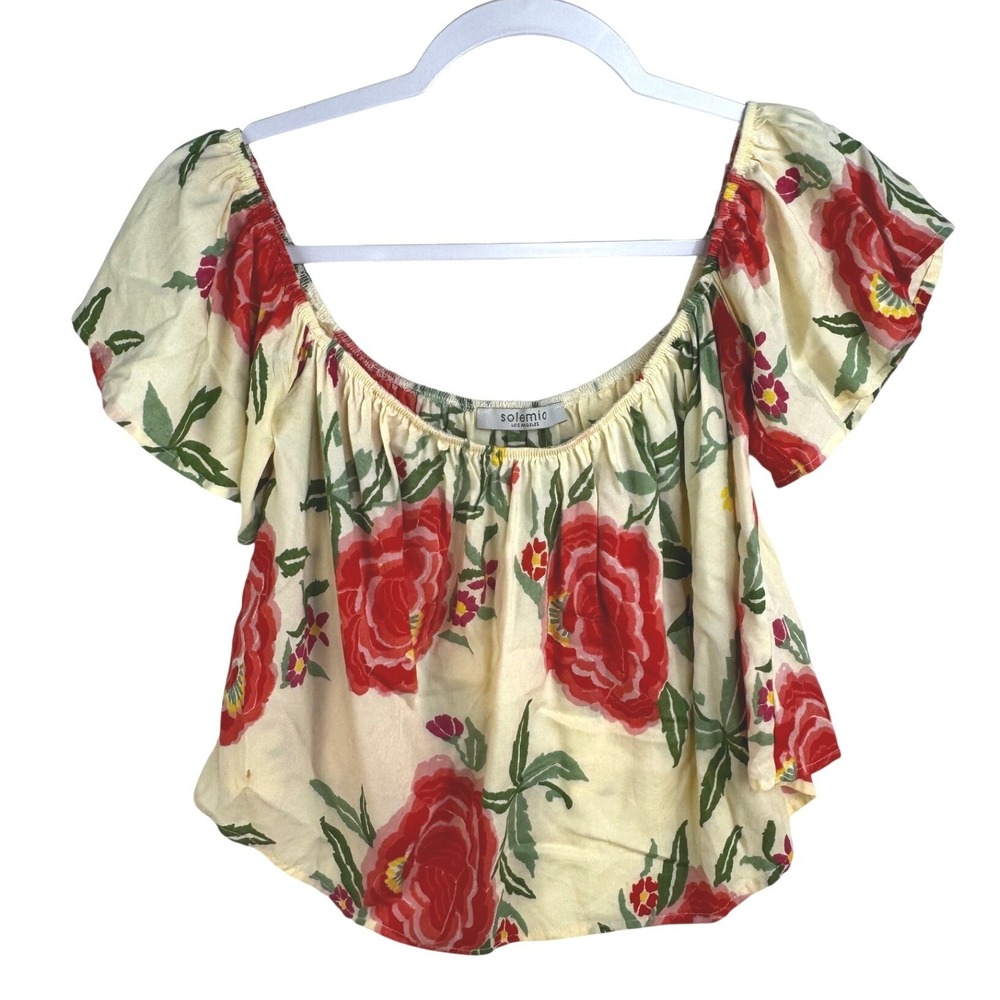Solemio Los Angeles Women Small Cream Red Floral Off Shoulder Crop Top
